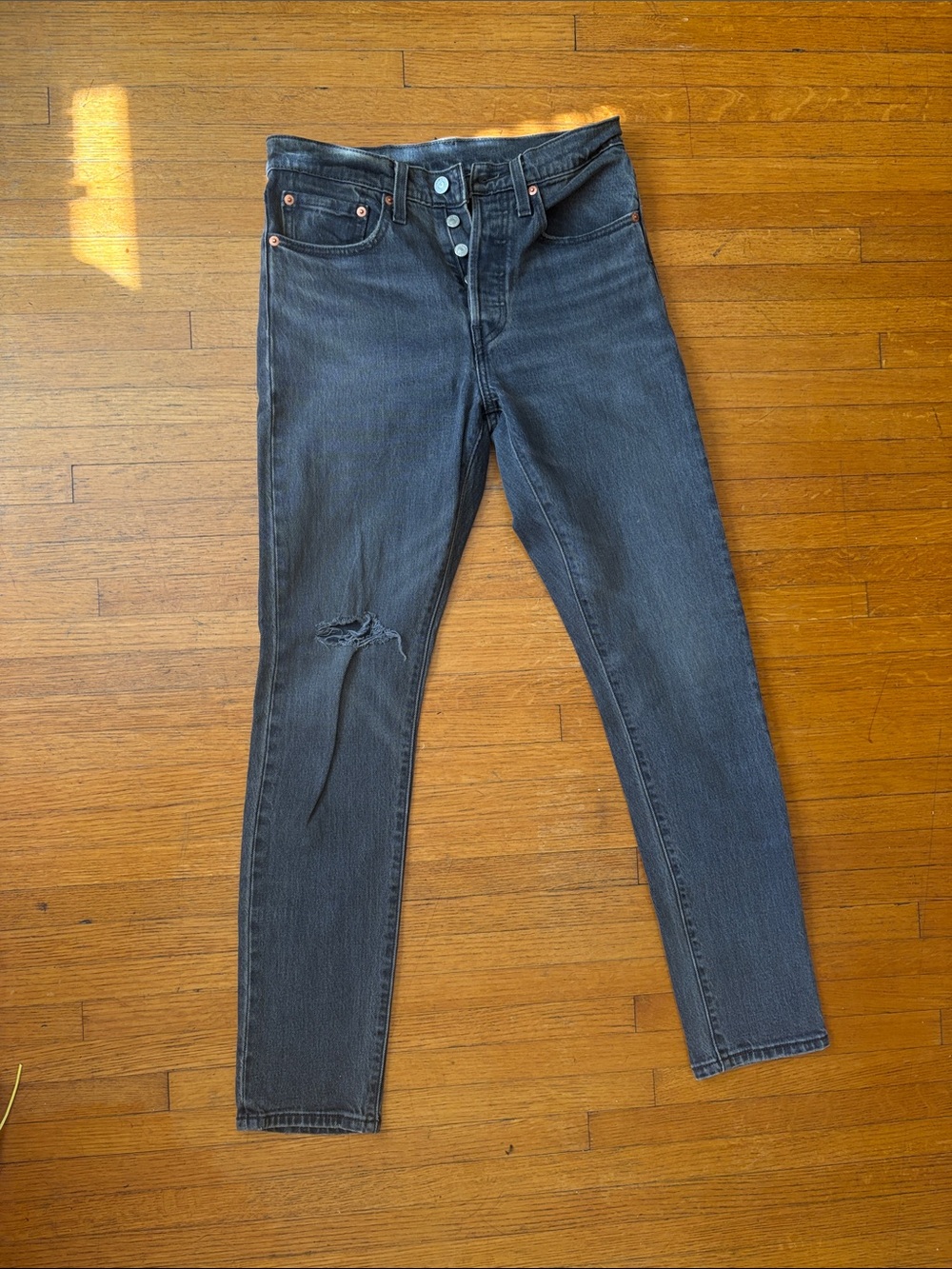 Levi's Black Skinny Jeans with Button-Fly and Knee Rip 501 s